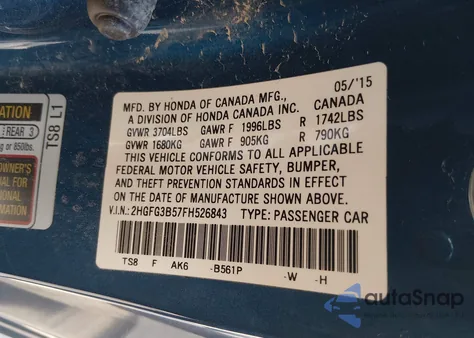 2015 Honda Civic Lx z USA, uszkodzony, nr VIN 2HGFG3B57FH526843